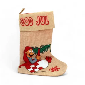 Julestrømpe med Bramming nisse i et julehjerte, Gavesokk i hessian til jul