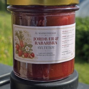 Jordbær- og rabarbrasyltetøy stort glass – håndkokt i Ål